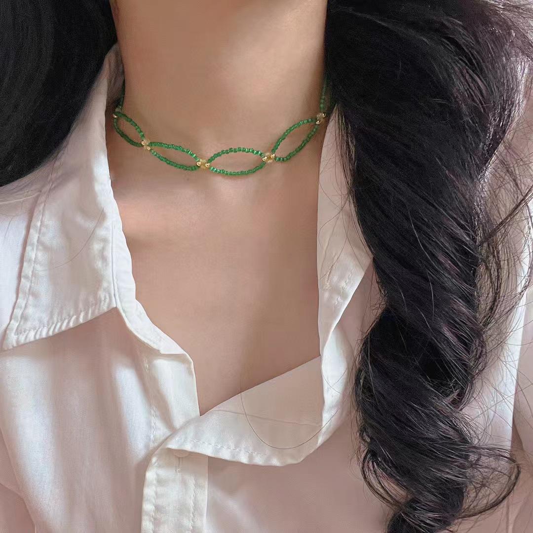 Vintage Faux Boutique Regal Green Opal Woven Collarbone Chain Chocker