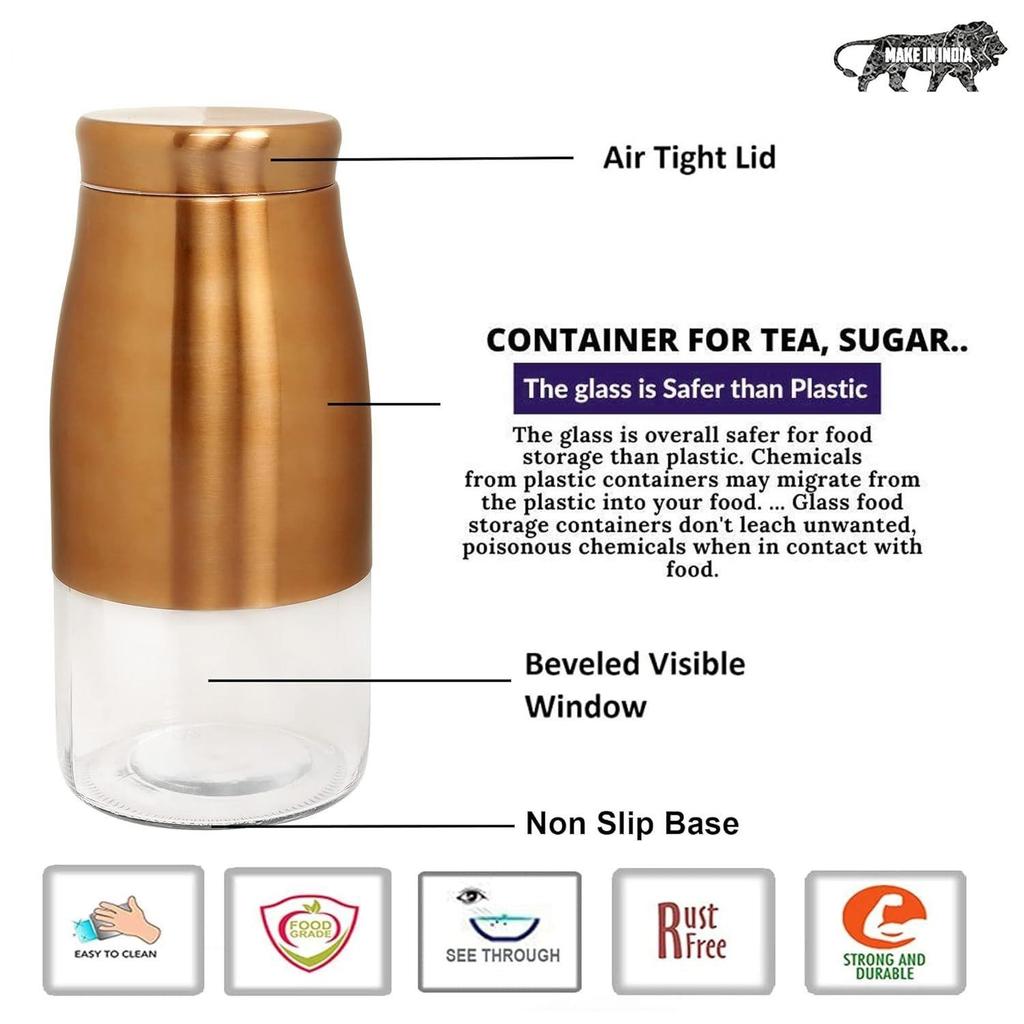 Rose Gold Finish - Bell Bottom Glass Jars for Sugar,Cereal, Spices, Pulses and Other Kitchen Storage 2250ml, Set of 6
