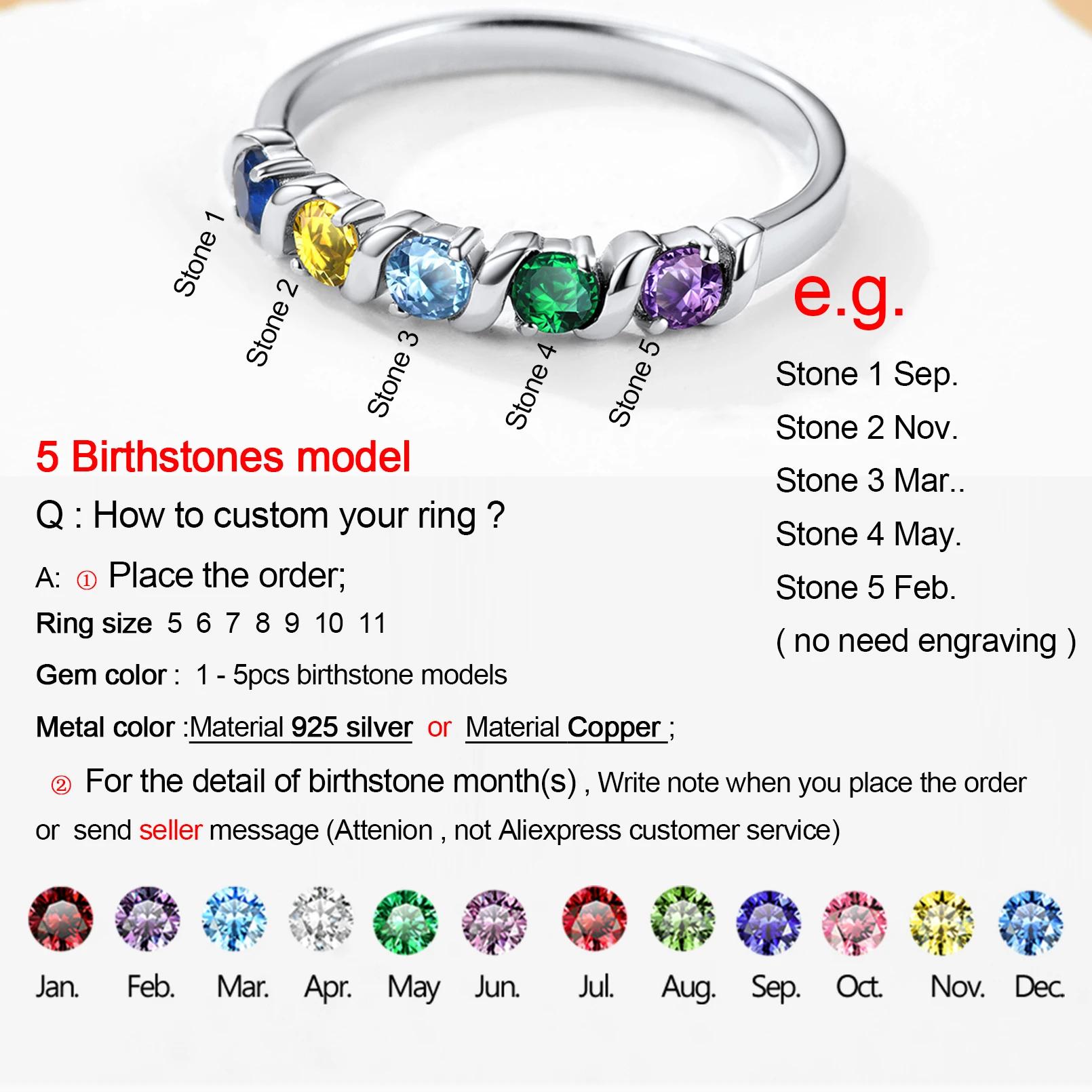 

925 Sterling Silver 1-5pcs Birthstones Ring for Woman Promise Engagement Wedding Custom Family Jewelry Gift Mother Grandma 11&Material Copper