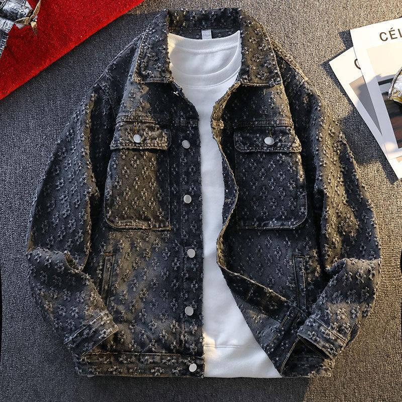 2026 Spring and Autumn New Trendy Brand Retro Denim Jacket Men s Washed Small Fragrant Wind Jacquard Couple Tooling Jacket M 100-60kg wearable