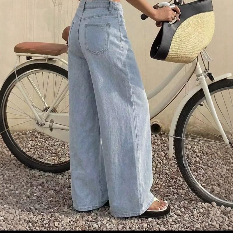 Light Blue Washed Pleated Wide Leg Jeans High Waist Loose Straight Trousers Women Streetwear 2026