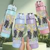 1PC Palm Tree Sunset Retro Rectangular Print 750ml Colorful Plastic Sports Water Bottle Leakproof Pop Up Lid with Straw for Outdoor Work Home Use