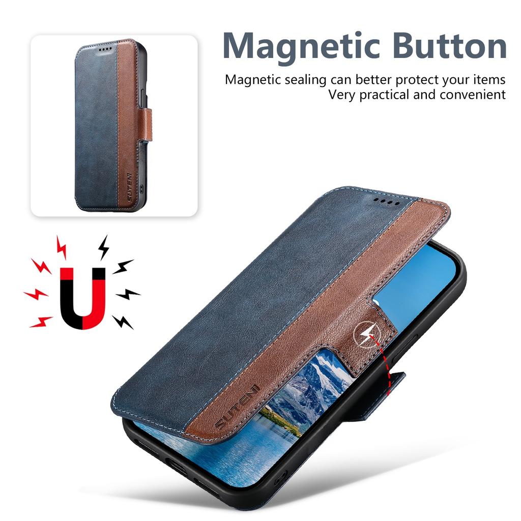 SUTENI Q-07 For iPhone 16 Pro Case Magnetic Color Splicing Cowhide Texture Leather Cover