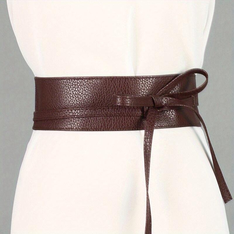 Women Fashion Solid Color Soft Faux Leather Wide Long Belt Self Tie Wrap Around Waist Girdle Dress Belts Bow Waistband