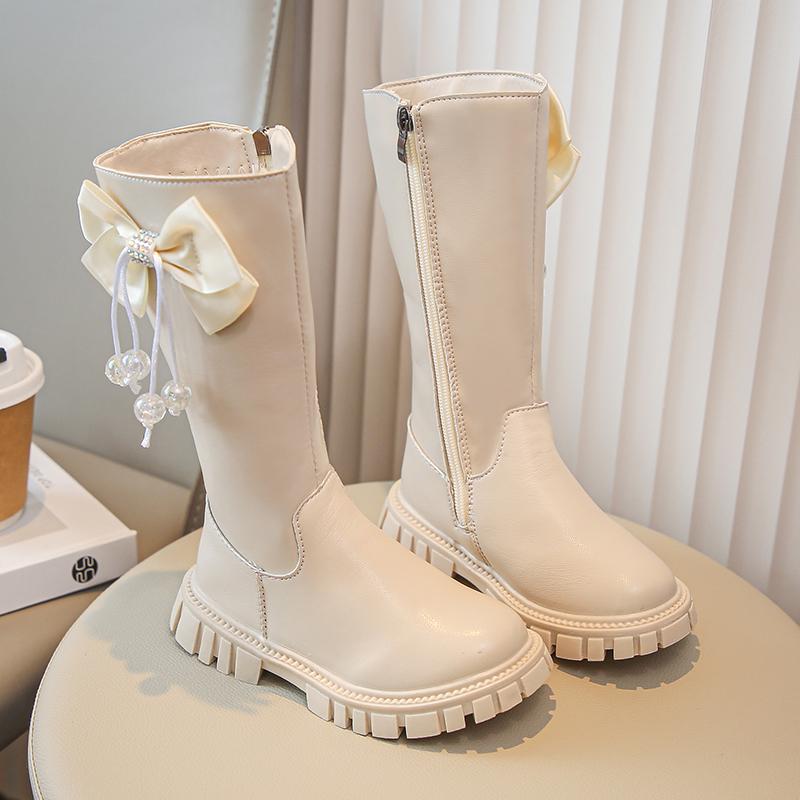 Children's Autumn Boots Solid Color Girls High Boots School Black Beige Versatile Kids Tassels Long Boots Matte Leather Zipper