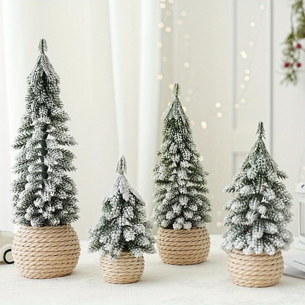 4pcs Set of Artificial Mini Christmas Tree,  Hemp Rope Bottom Basin Christmas Tree, Suitable for Home Desktop Decoration At Christmas