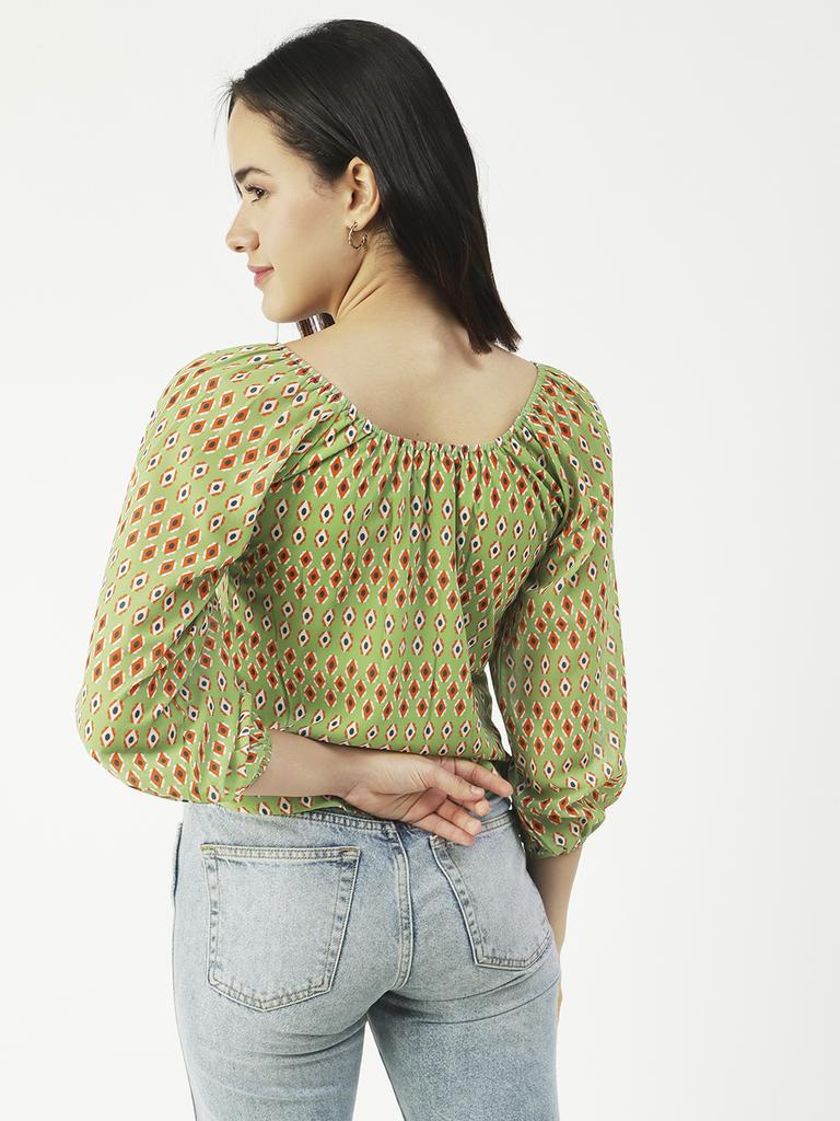 Moomaya Printed Top Round Neck Sheer Long Sleeve Tops For Women