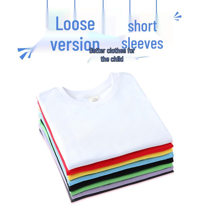Barns Lös Bomullskortärmad T-shirt: Rundhalsad, Enfärgad, Svettabsorberande, Sommarstil för Pojkar och Flickor (Mellan- och storlekar)