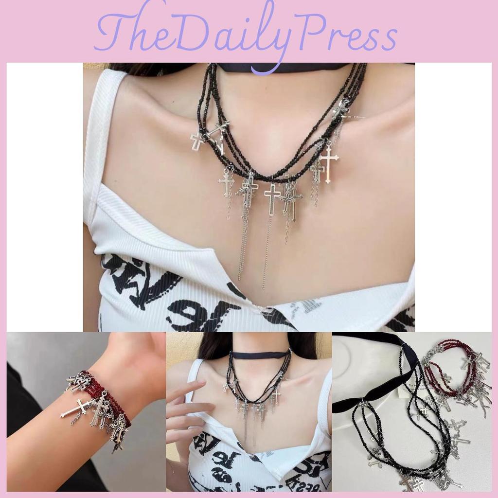 Cross Punk Dark Style Necklace Geometric Shape Tassel Choker For Travel Souvenir