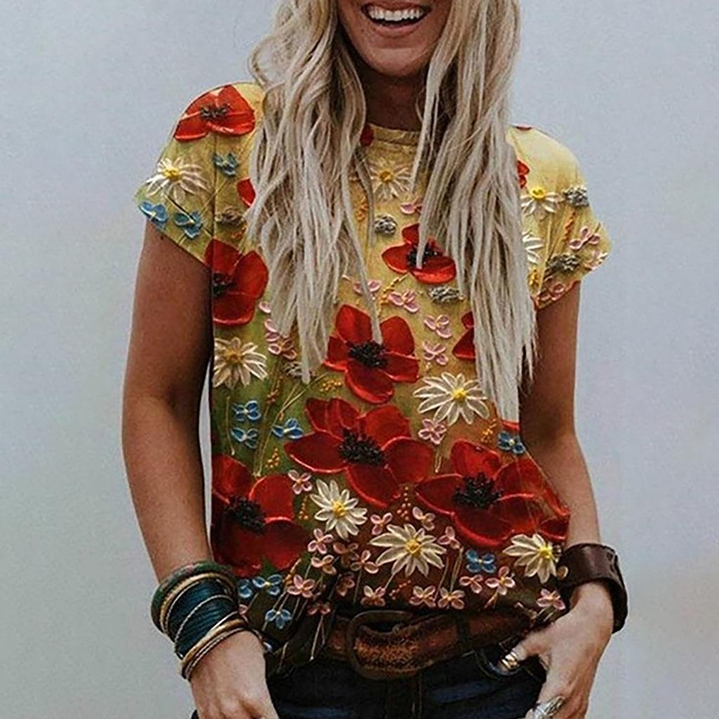 Women's Casual T-shirt Graphic Vintage Print Round Neck Tops Basic Loose Tops