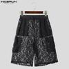 INCERUN Męskie elastyczne w pasie koronkowe ażurowe prześwitujące bez podszewki zakrywające krótkie szerokie spodnie