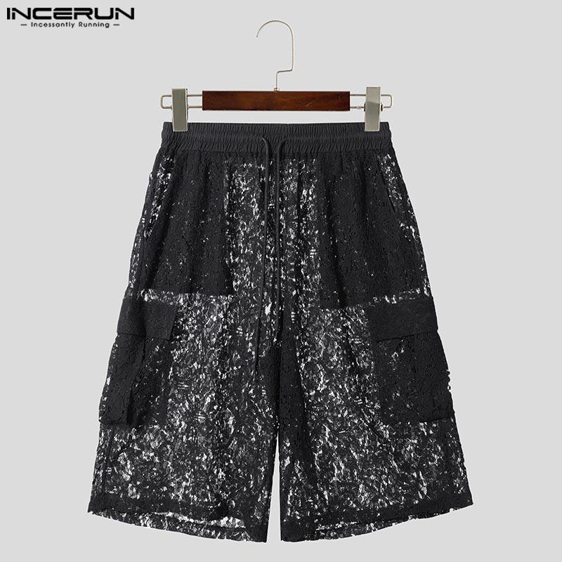 INCERUN Męskie elastyczne w pasie koronkowe ażurowe prześwitujące bez podszewki zakrywające krótkie szerokie spodnie