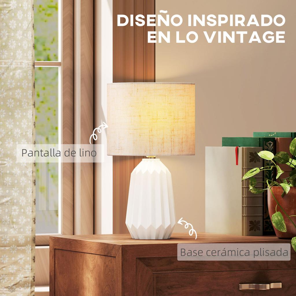 Retro Table Lamp, Ceramic Base, Linen Shade, 40W, White and Beige