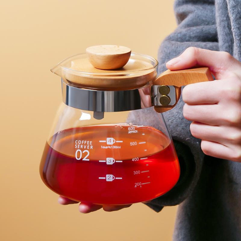 Havmore Vysoce borosilikátová žáruvzdorná kávová konvice Drip Pot Sklo Dřevěná rukojeť Kávová konvice pro sdílení