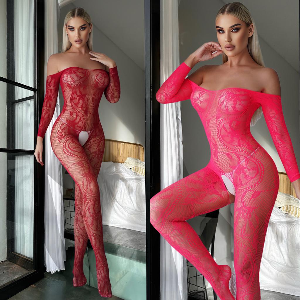 Sexy Bodystocking mit offenem Schritt für Damen Großer Ausschnitt Netzdesign Durchsichtig Verlockende Lingerie Bequeme Nachtwäsche Bodysuits