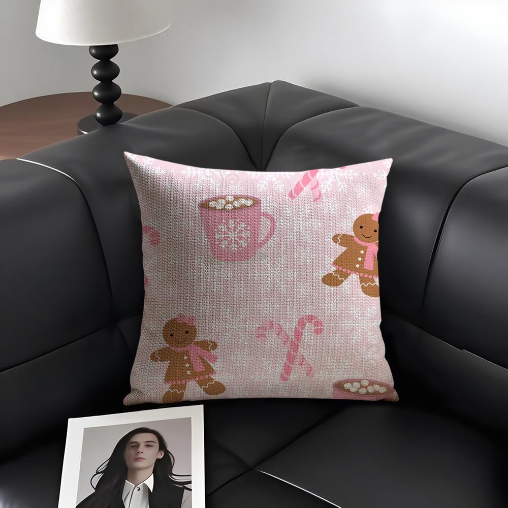 Christmas Pink Gingerbread Cushion Cover Natural Linen Organic Fabric Double-Sided Printing Sofa Home Decor Gift Pillow Case