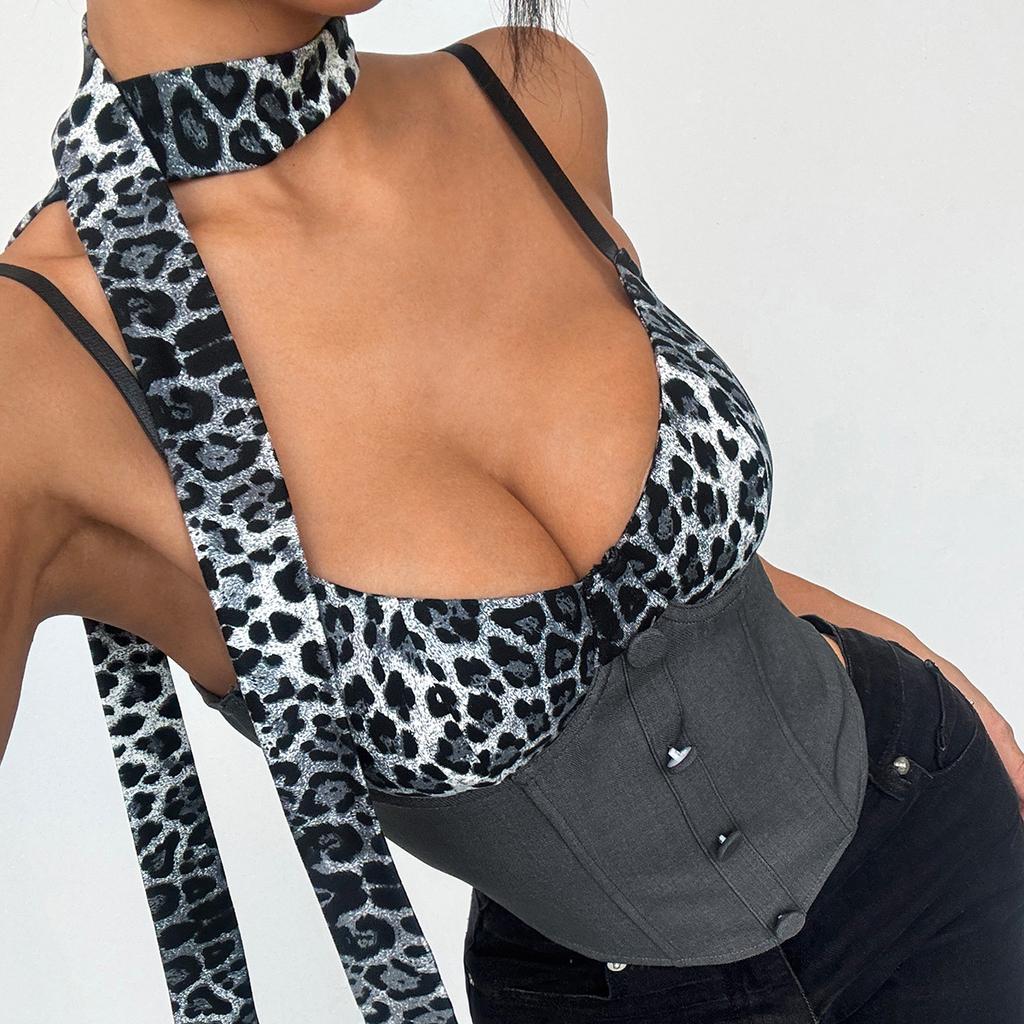 Women's Summer Spice Girls Leopard Print Patchwork Color Contrast Small Lace Up Design Sense Vest Top
