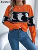 Autumn  Halloween Theme Ghost Color Block Long Sleeve Crewneck Sweater Women's  Clothing
