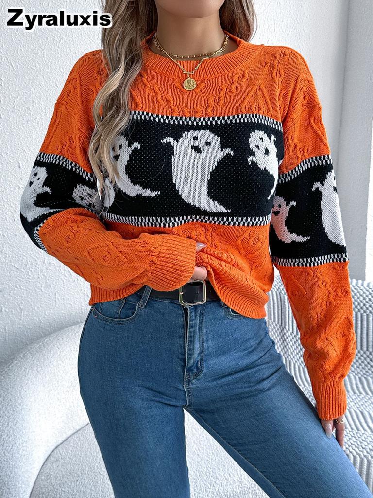 Autumn  Halloween Theme Ghost Color Block Long Sleeve Crewneck Sweater Women's  Clothing