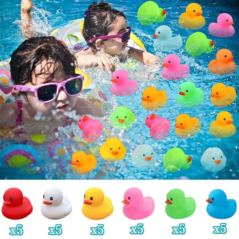 JIMIGUGU Duck Bath Toys, Set of 30, Colorful, Floating, Sound-Making Duck Toys for Pool, Bath, Decoration, Festival, or As a Prize