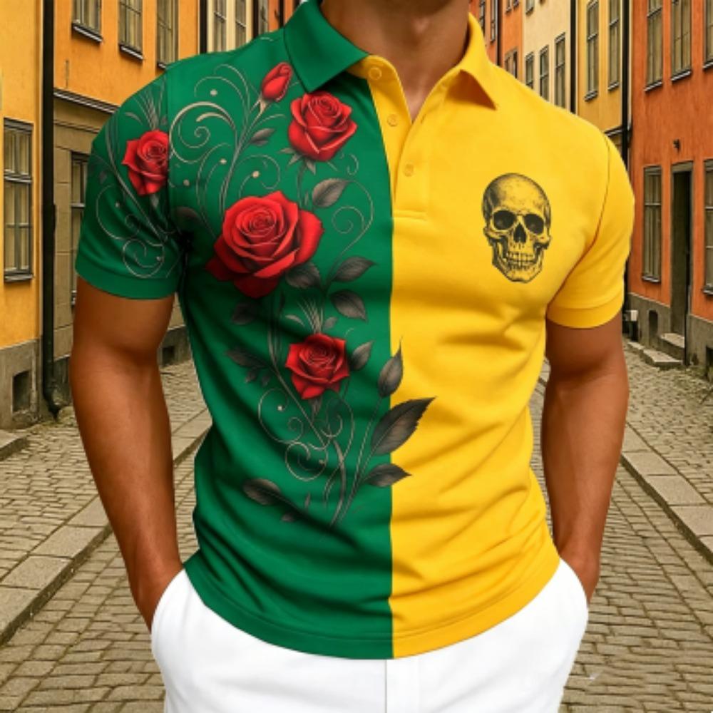 Men's Skull Rose Floral Print Polo Shirt Men's Outdoor Street Short Sleeve Tees Top Summer Home Casual T-shirt Men's and Women's Polo Shirt