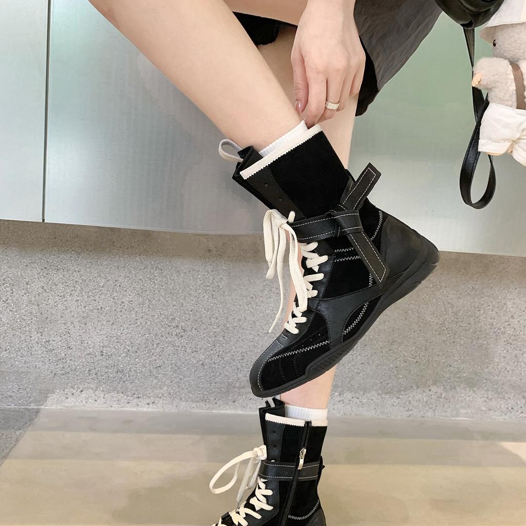 Miyou Version~ 2025 New Fashionable Retro Color Matching Versatile Strap Side Zipper Hunting Outfit Dexun Martin Boots Women's Autumn