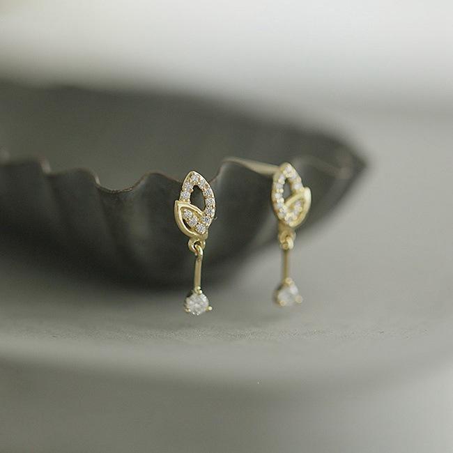 14K Gold-Plated S925 Sterling Silver Leaf Stud Earrings - Forest Style for Students 14K Gold Pair (with Earplugs)
