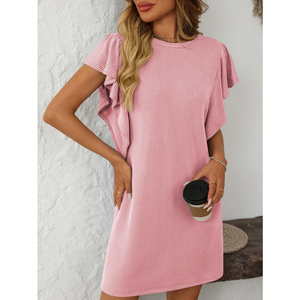 Summer New Women's Clothing Contrasting Color Twisted Strip Lotus Leaf Sleeve Mid Length Dress