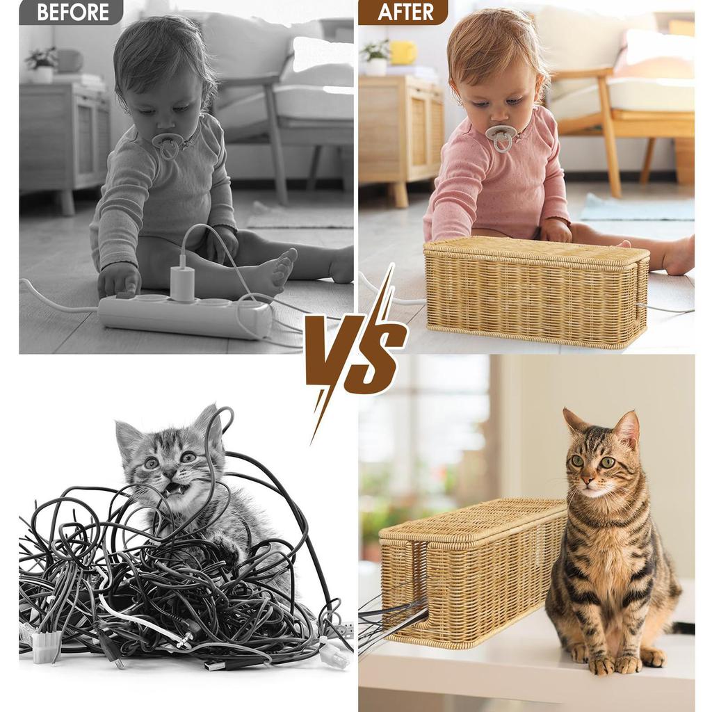 Rattan Organized Box with 180 Degree Flip Lid Design Desktop Cords Imitation for Mobile Phone Computer Wires boxes