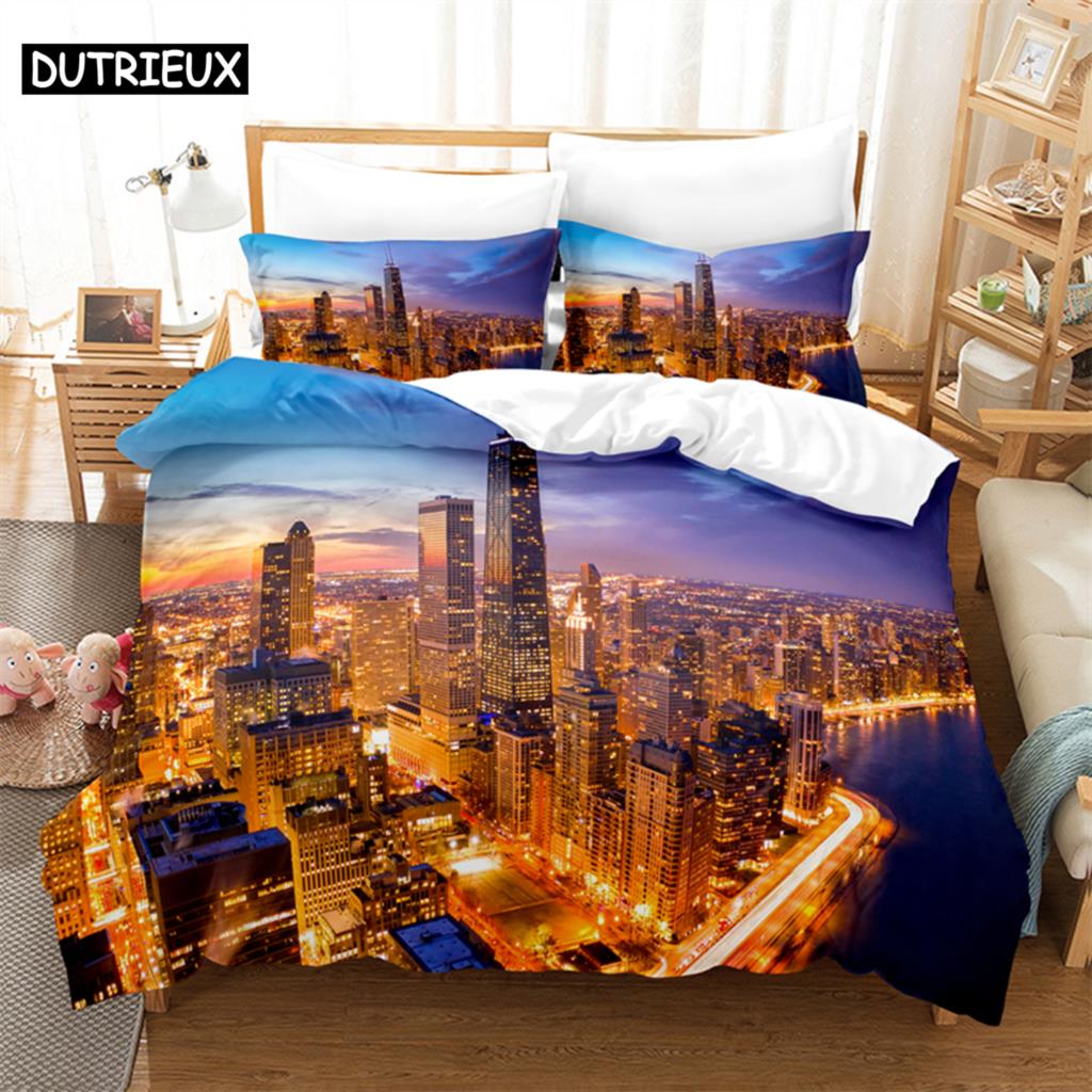 3D Digital Printing Fashion Design City Night Scene Beding Set, Quen Sized Dimensions Soft with Soft Fabric Duvet Cover Set