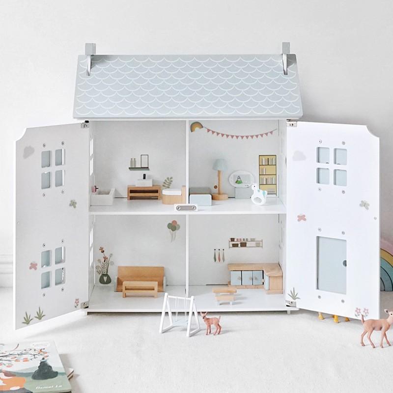 Holz Set im koreanischen Stil Prinzessin Villa Rollenspiel mit Miniaturmöbeln Interaktives Eltern-Kind Rollenspielzeug für Mädchen