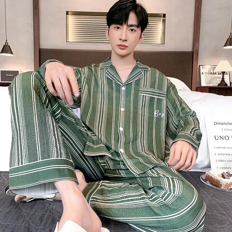Plaid Style Men's Pajamas Set Spring Cotton Male Pajamas Sets Young Boy Sleepwear Long Sleep Tops + Pant 2pcs/set Pjs
