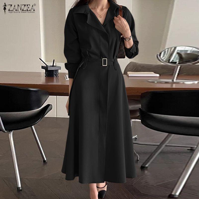 ZANZEA Women Turn Down Collar Long Sleeve Loose Casual Dress