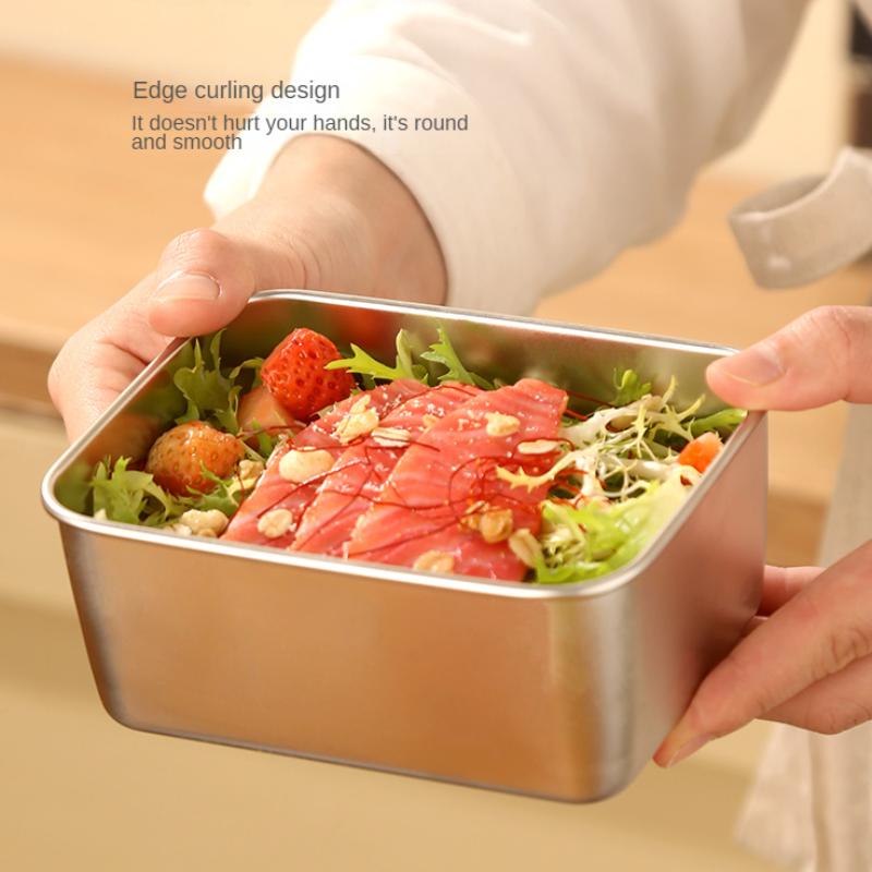 Nerezová ocelová nádoba na čerstvé potraviny, obdélníkový piknikový bento tác, úložný box do lednice s mrazákem, restaurační talíř