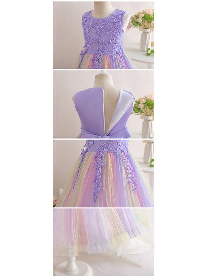 Regnbågsnät Ärmlös Födelsedagsprinsessklänning för Flickor med Pärlor