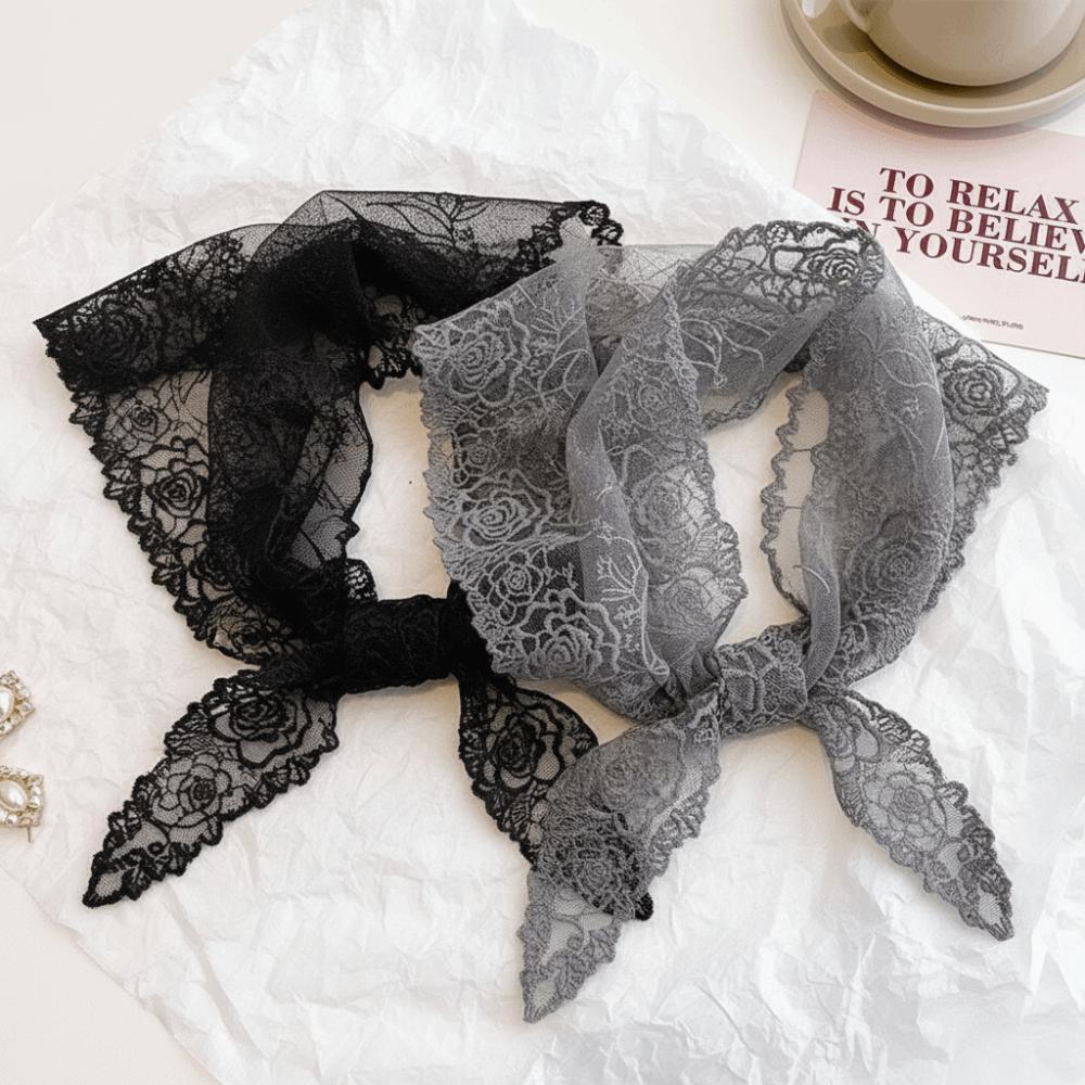 Versatile Elegant Silk Scarf Flower Embroidered Solid Color Triangular Scarf Retro Breathable Lace Scarf for Women
