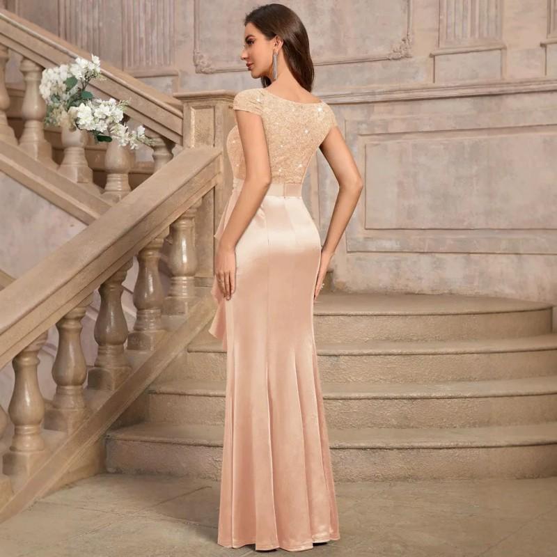 Lace Beaded Satin Mermaid Evening Gown V-Neck Ruffle Side Slit Long Dress Party