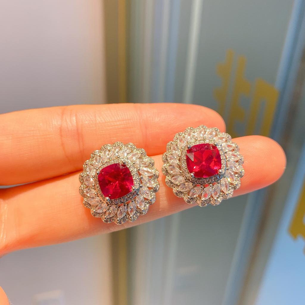 New European and American Style Retro Imitation Red Diamond Square Luxury Inlaid Pendant Earrings Ring Jewelry Set Women