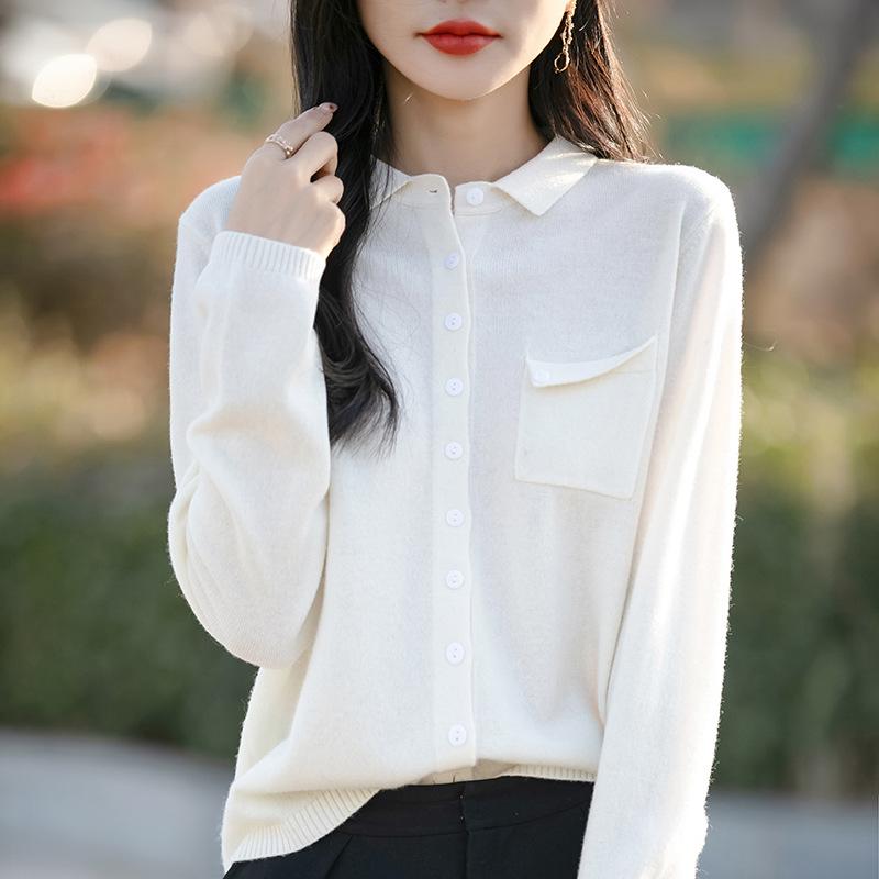 

Модный и Молодежный Вязаный Кардиган с Воротником ПОЛО для Женщин Весна Новый Однотонный с Карманами, Приталенный и Универсальный M белый