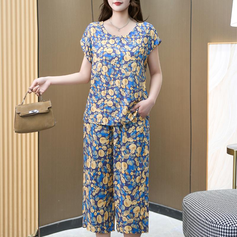 Elegant Women's Two Pieces Set Summer Vintage Clothes Plus Size High Waist Pants Sets