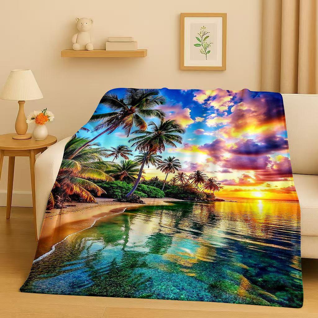 3D Beautiful Natural Scenery Sea Sky Tree Flannel Blanket,Ultra Soft Warm Plush Throw for Home Bedroom Bed Sofa Cover Kids Gift