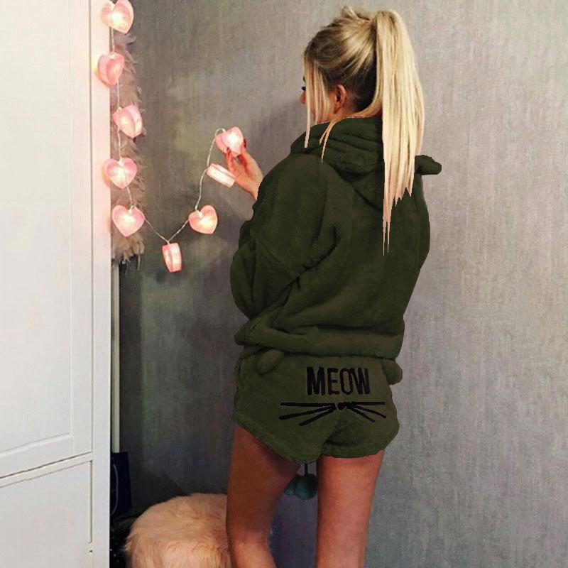 Dámská móda Jednobarevná teplá zimní pyžamová souprava Dvoudílné roztomilé kočičí pyžamo s kapucí Noční oblečení plus size S-5XL
