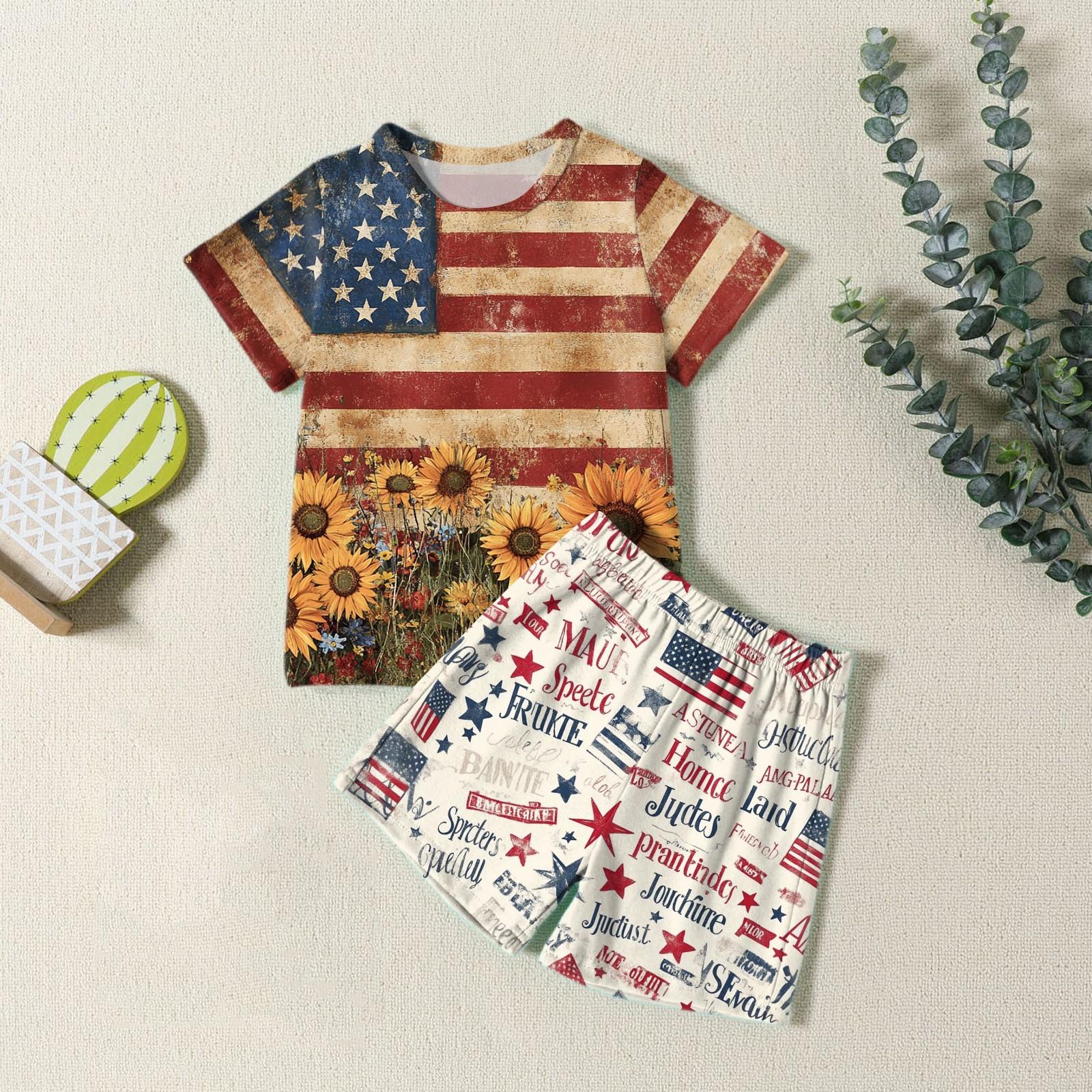 

Мода для мальчиков девочек Повседневный комплект ко Дню независимости: футболка с круглым вырезом и короткими рукавами, шорты 130 красный