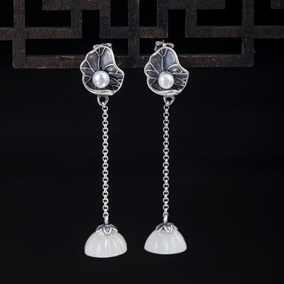 Frauen Lotus Seedpod Blatt Perle Jade Ohrringe Schmuck Chinesischen Stil 925 Sterling Silber Lange Hängende Ohrringe Großhandel EH121