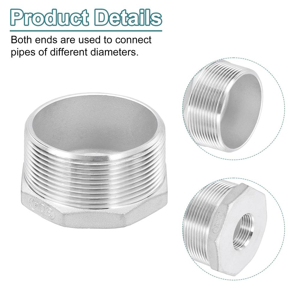 Uxcell 3Pcs Female To Female N PT 304 Stainless Steel Reducer Hex Bushing Reduced Casting Pipe Adapter Fitting for Industrial Water HVAC and Plumbing