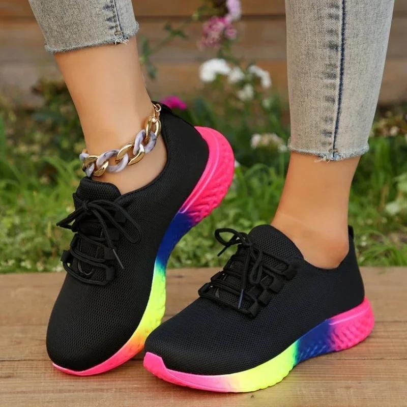 Fashion Women's Sneakers Mesh Breathable Running Shoes for Women Round Toe Rainbow Sole Sport Shoes Non-Slip Women Tennis Shoes