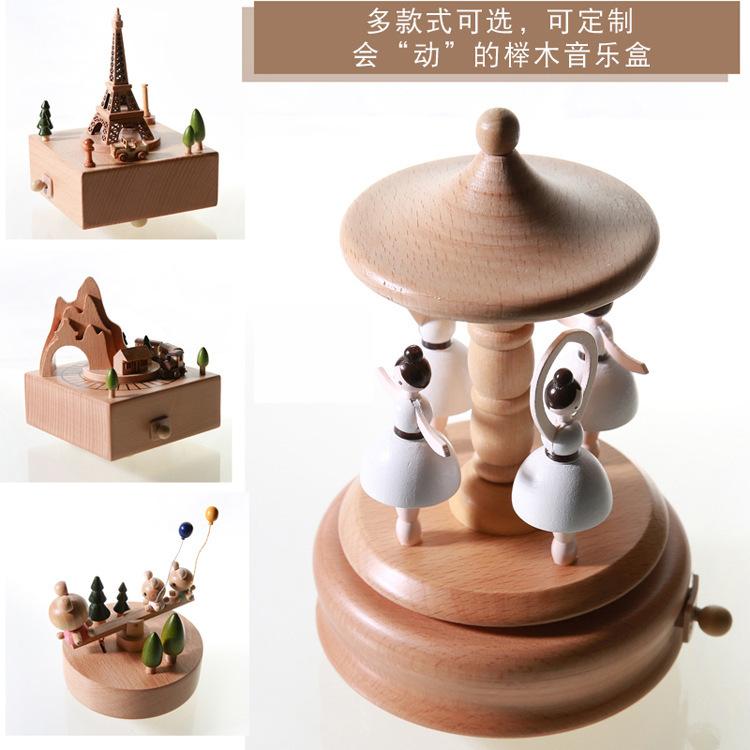 Wooden Carousel Music Box Ornaments Rotatable Hand-cranked Music Box DIY Handmade Birthday Christmas Gift Children’s Toys