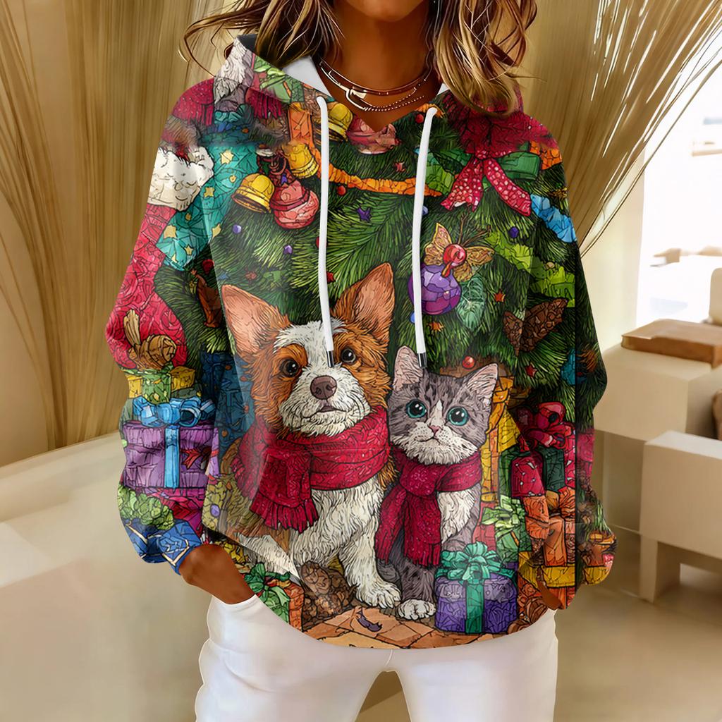 Women's Loose Comfortable Casual Fashion V-Neck Christmas Print Long Sleeve Hoodie