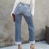 Ladies' Solid Color Casual Versatile Mid Waist Straight Leg Denim Straight Leg Jeans With Fringed Edges