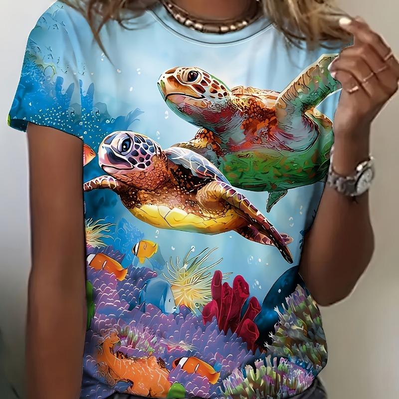Dámské tričko Želva 3D potisk Krátký rukáv Módní Ležérní Street Kulatý výstřih Nadměrná velikost Vysoká kvalita Letní dámské oblečení